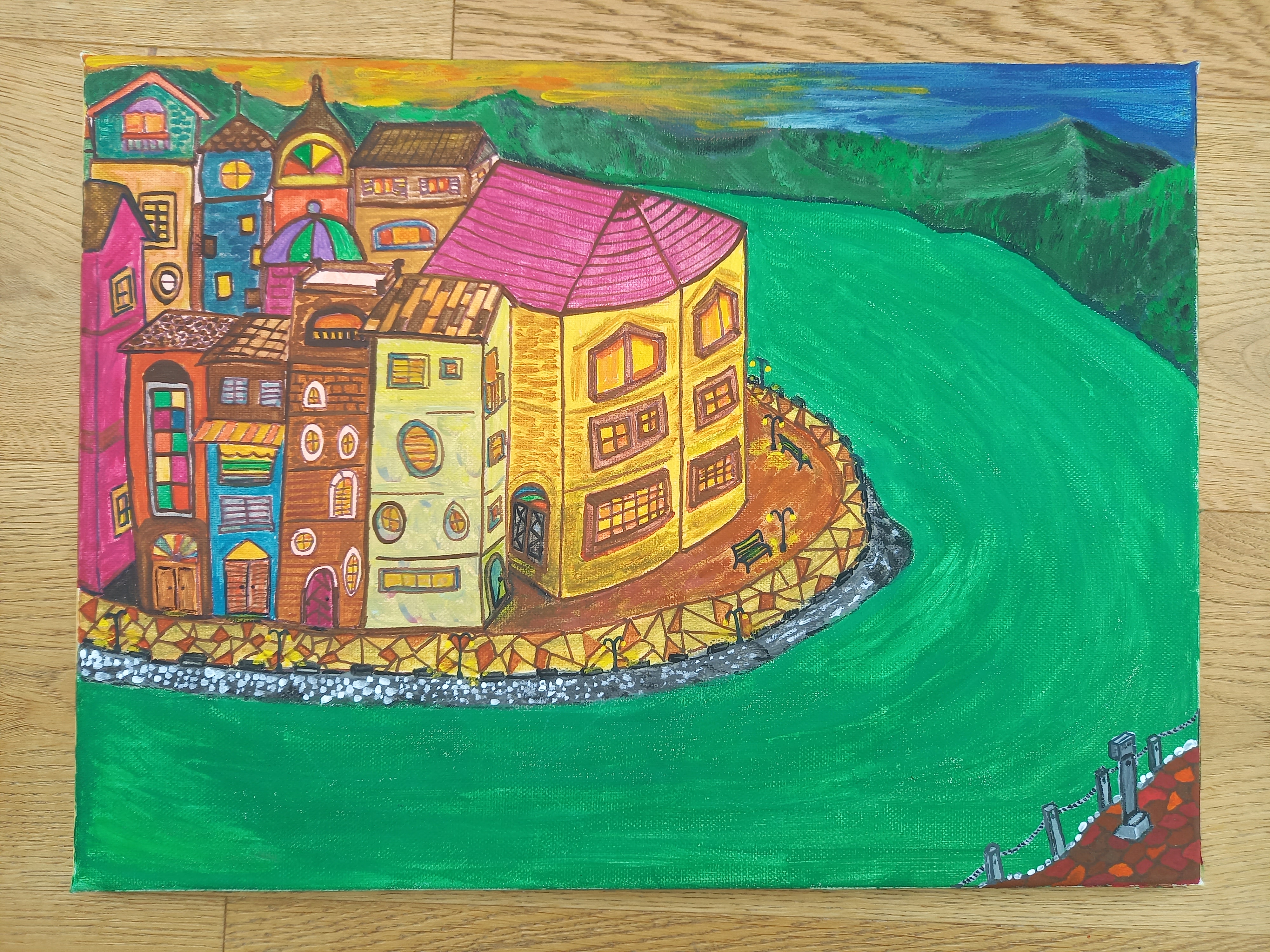 A painting of the houses near the river Inn